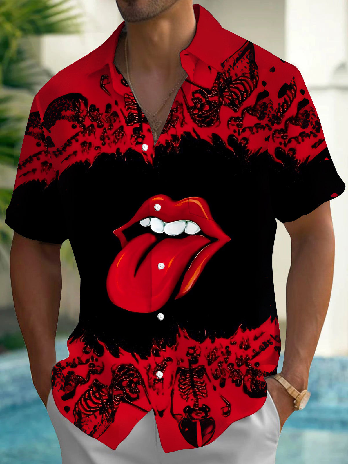 Tongue Skull Print Men's Pocket Short Sleeve Shirts