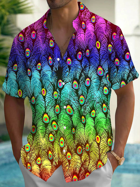 Colorful Peacock Feather Print Men's Pocket Short Sleeve Shirts