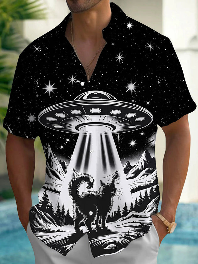 Spaceship Cat Print Men's Pocket Short Sleeve Shirts