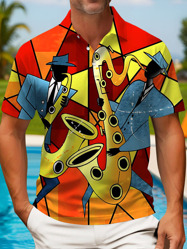 Music Art Print Men's Short Sleeve Button Polo