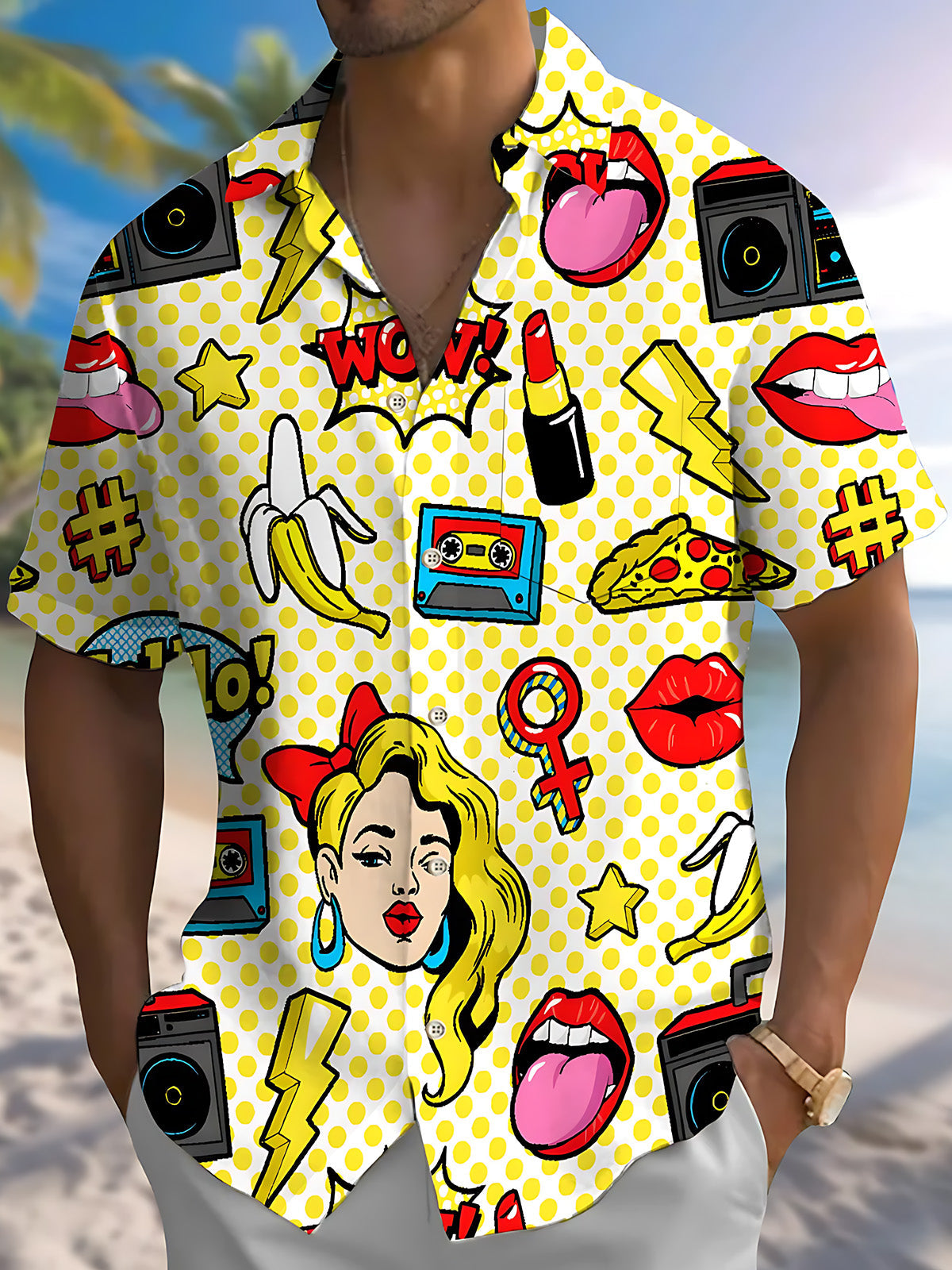 Vintage Girl Pop Art Print Men's Pocket Short Sleeve Shirts