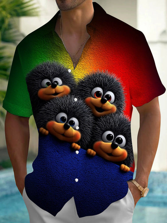Cartoon Animal Hedgehog Print Men's Pocket Short Sleeve Shirts
