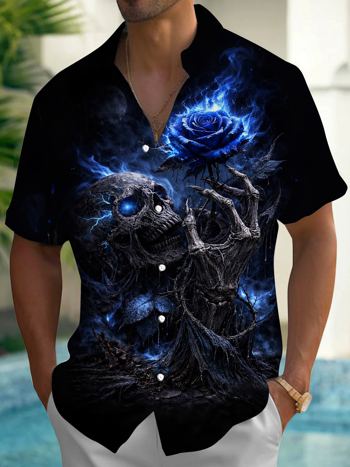 Skull Flower Print Men's Pocket Short Sleeve Shirts