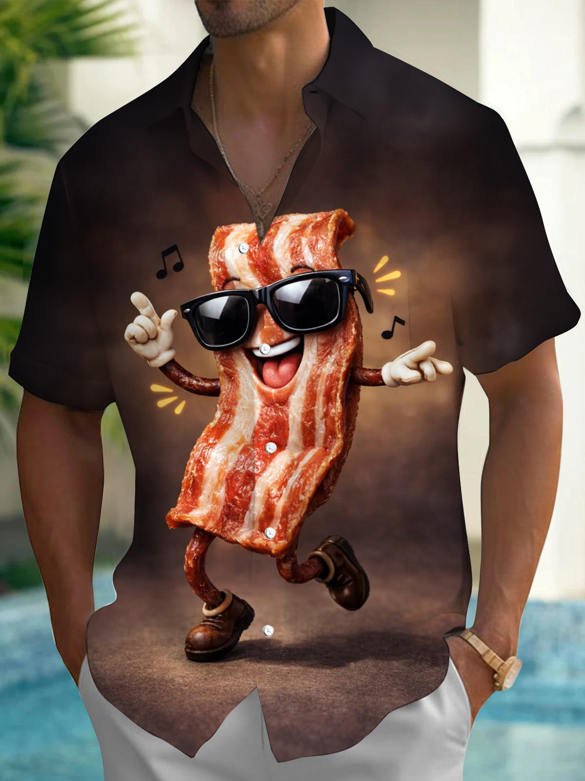 Funny Bacon Print Men's Pocket Short Sleeve Shirts