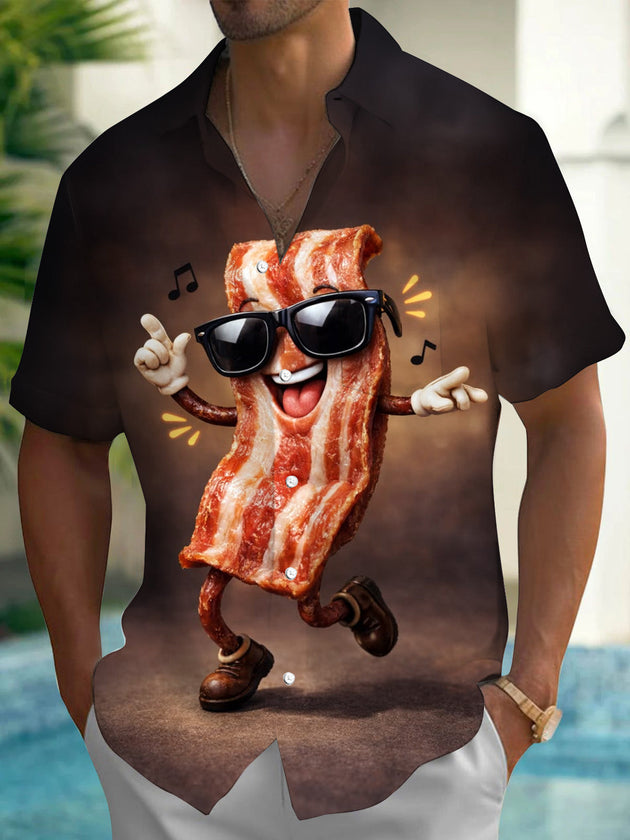 Funny Bacon Print Men's Pocket Short Sleeve Shirts