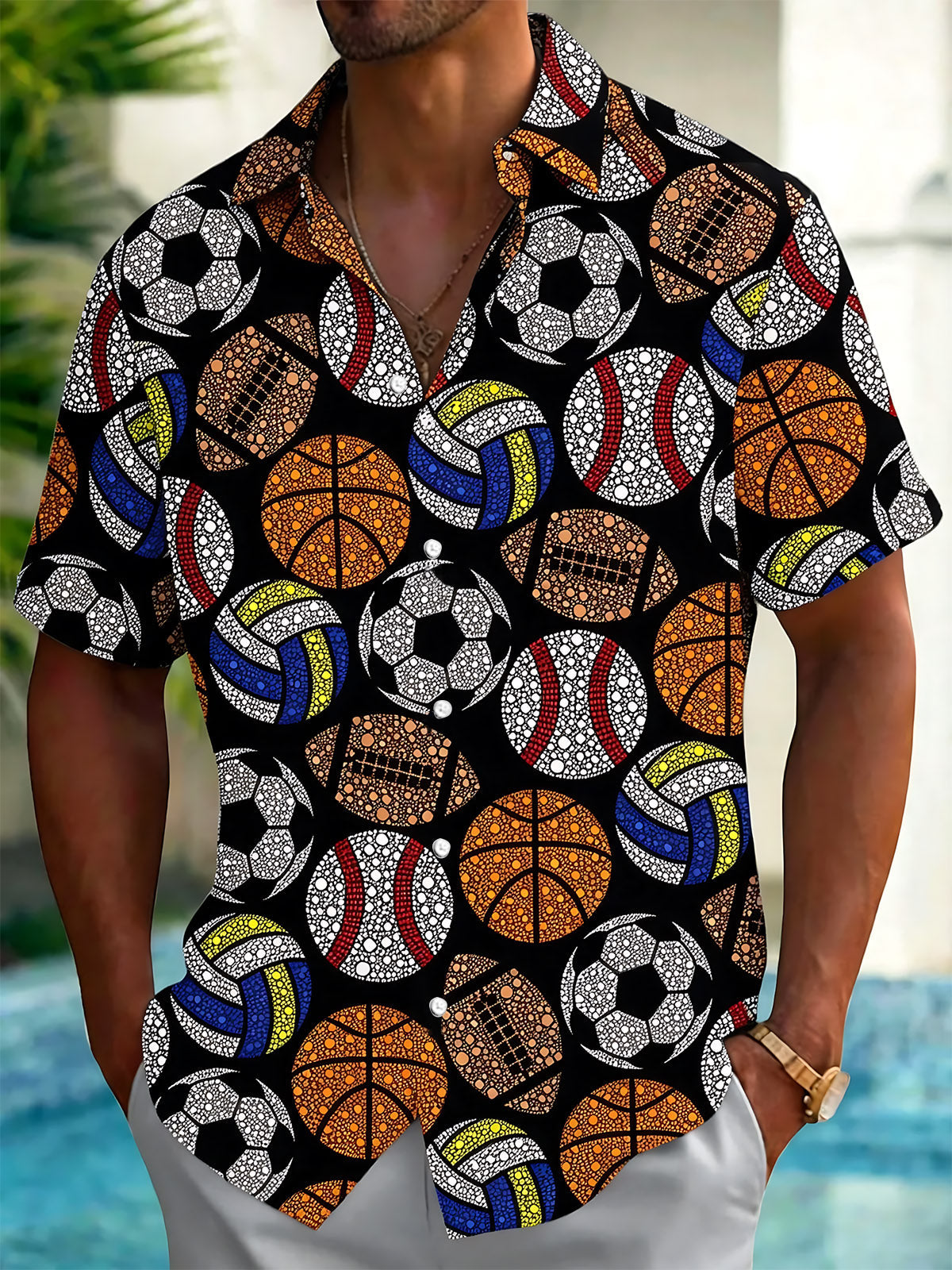 Sport Baseball Football Basketball Print Men's Pocket Short Sleeve Shirts