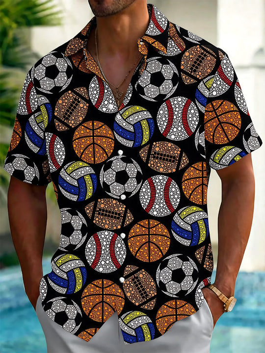 Sport Baseball Football Basketball Print Men's Pocket Short Sleeve Shirts