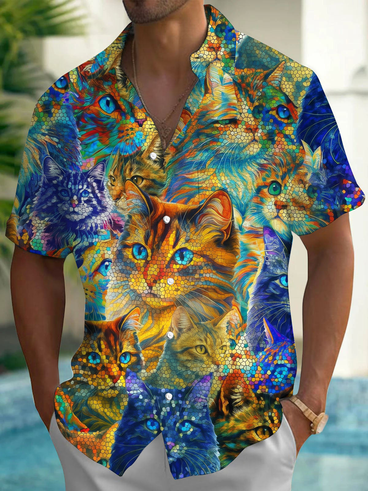 Cat Print Men's Pocket Short Sleeve Shirts