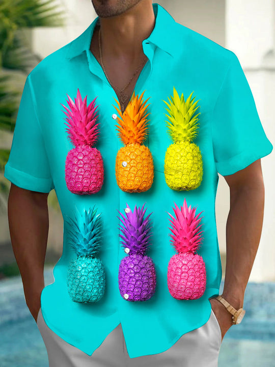 Colorful Pineapple Print Men's Pocket Short Sleeve Shirts