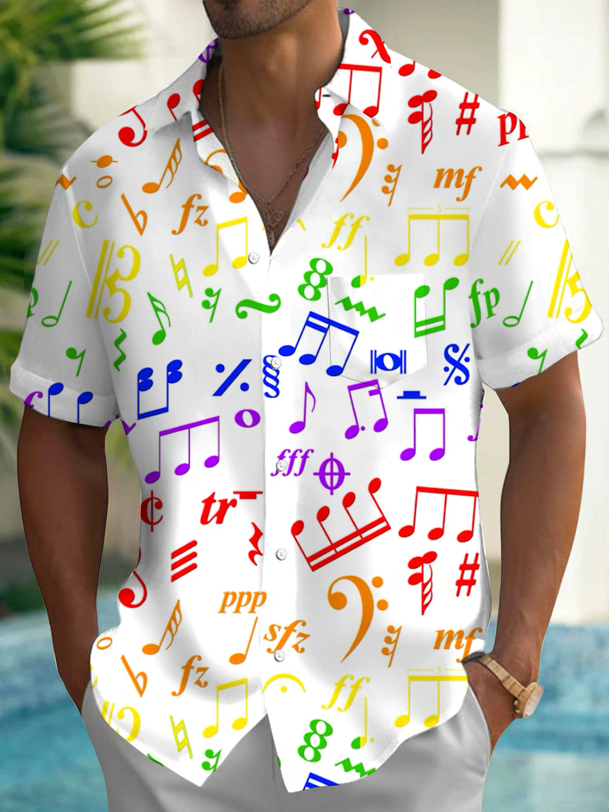 Colorful Musical Note Print Men's Pocket Short Sleeve Shirts