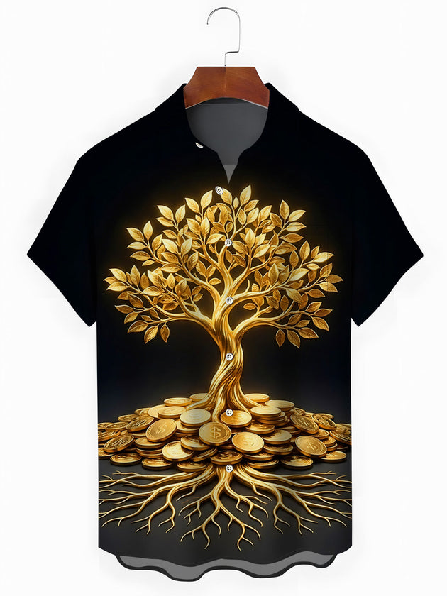 Golden Tree Print Men's Pocket Short Sleeve Shirts