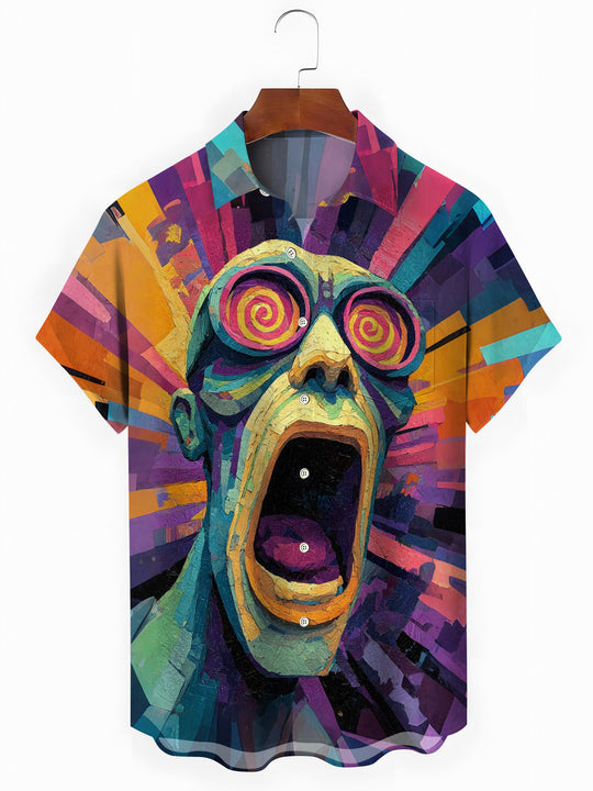 Abstract Face Print Men's Pocket Short Sleeve Shirts
