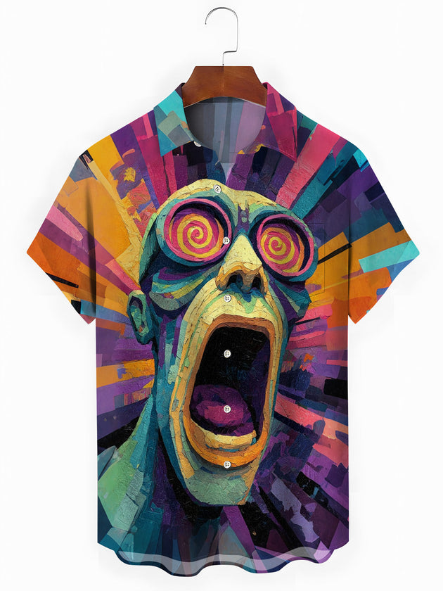 Abstract Face Print Men's Pocket Short Sleeve Shirts
