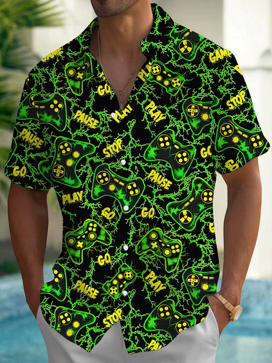 Neon Gaming Controller Print Men's Pocket Short Sleeve Shirts