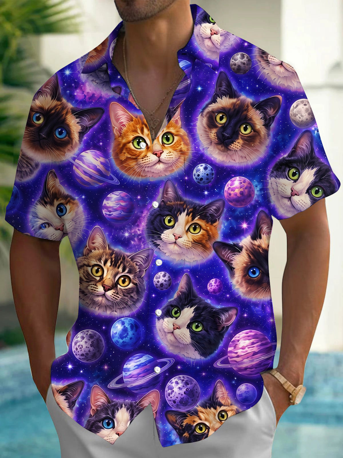 Cosmic Planet Cat Print Men's Pocket Short Sleeve Shirts