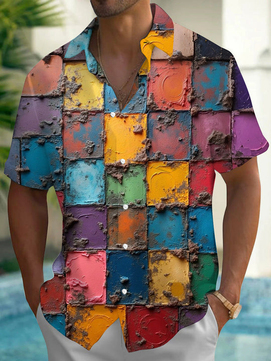Vintage Colorful Square Print Men's Pocket Short Sleeve Shirts