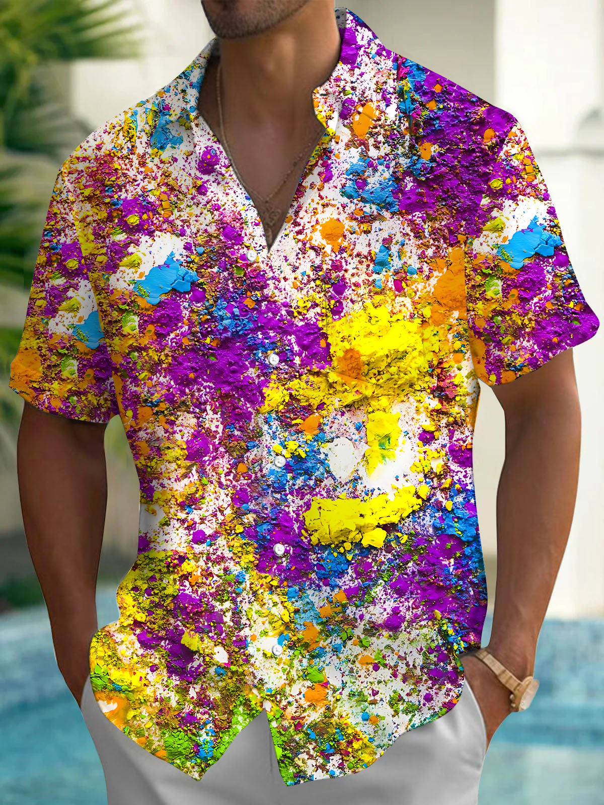 Colorful Powder Print Men's Pocket Short Sleeve Shirts