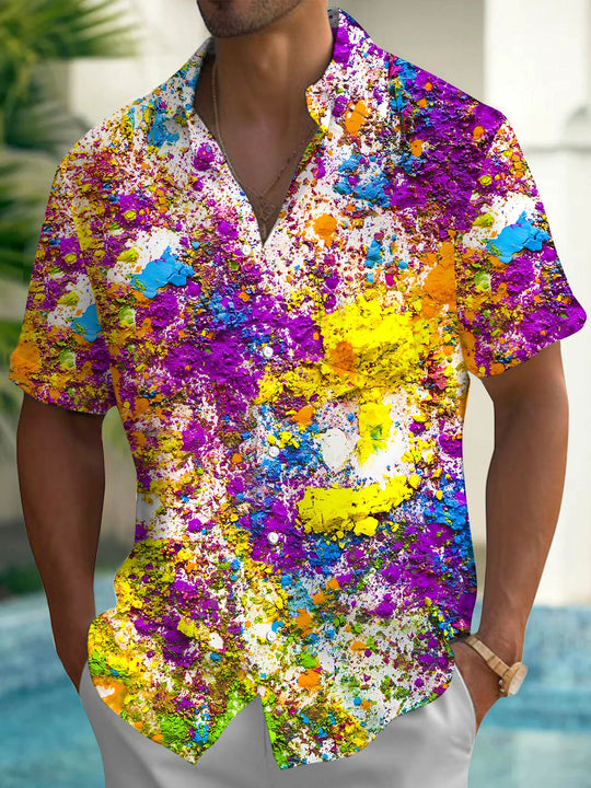 Colorful Powder Print Men's Pocket Short Sleeve Shirts