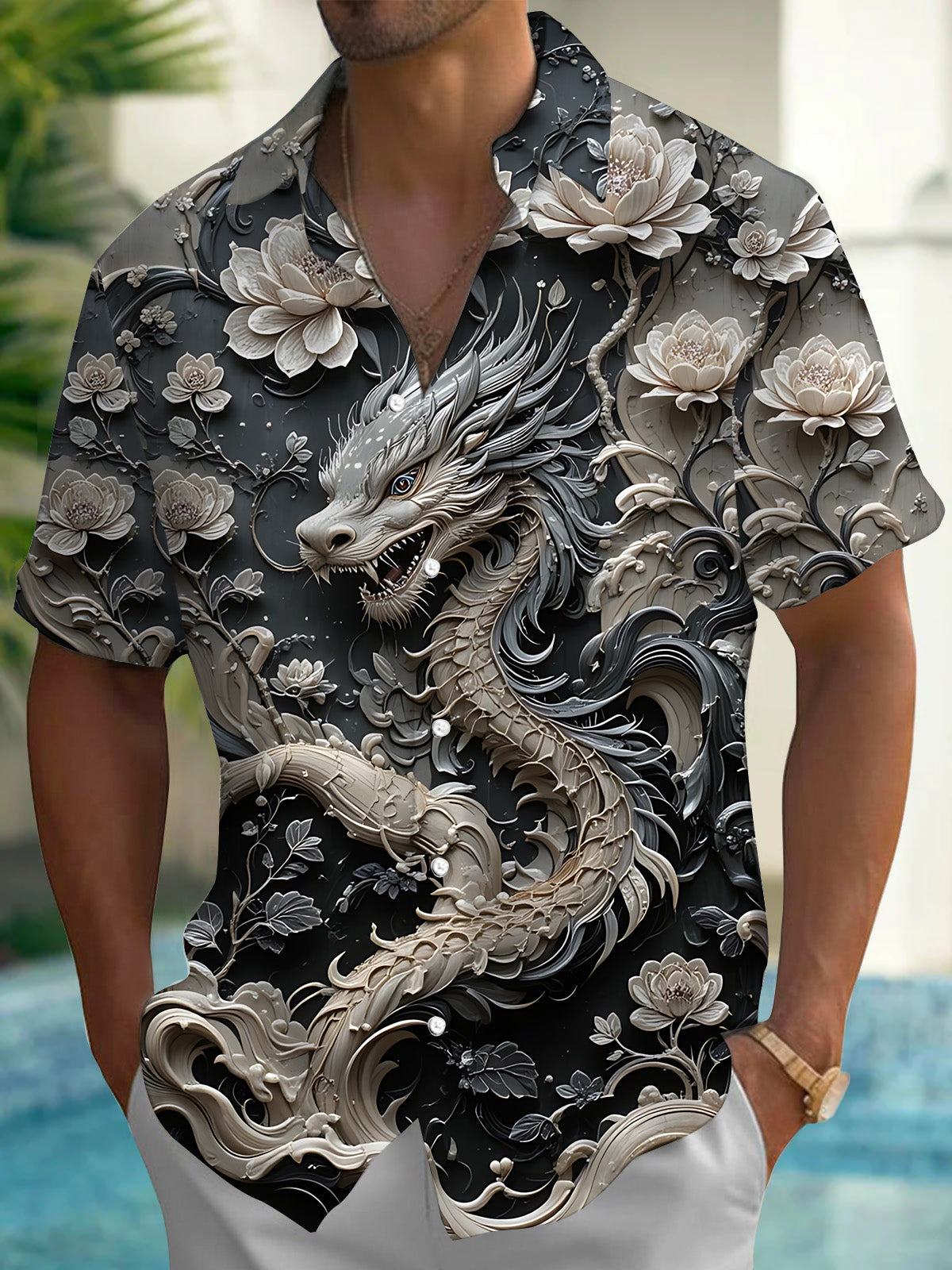 Relief Dragon Flower Print Men's Pocket Short Sleeve Shirts