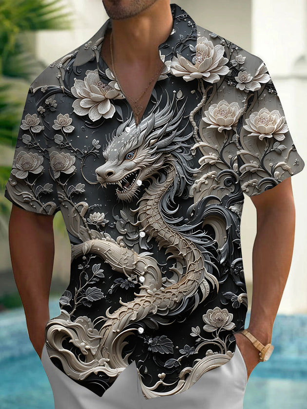 Relief Dragon Flower Print Men's Pocket Short Sleeve Shirts
