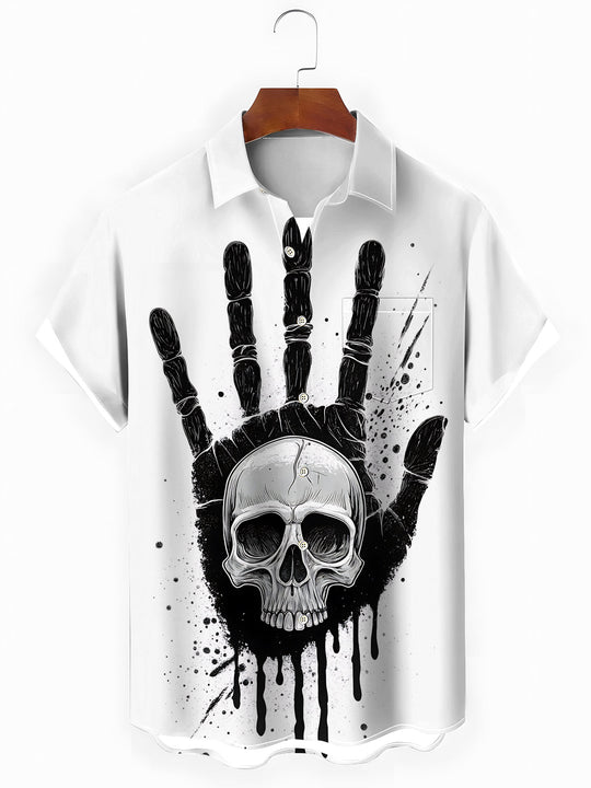 Skull Palm Print Men's Pocket Short Sleeve Shirts