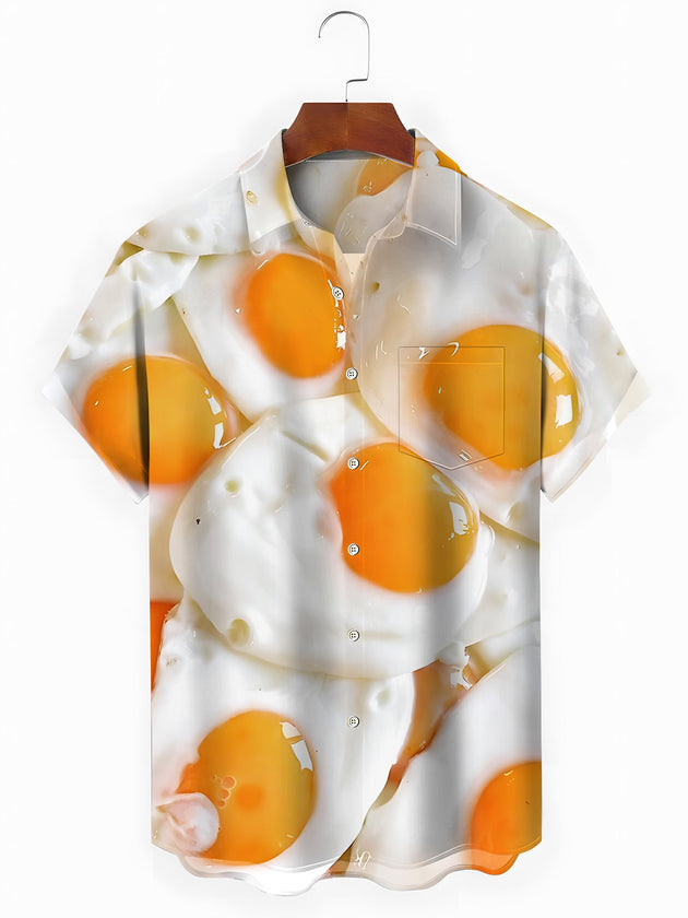 Poached Egg Print Men's Pocket Short Sleeve Shirts