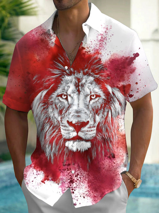 Lion Print Men's Pocket Short Sleeve Shirts