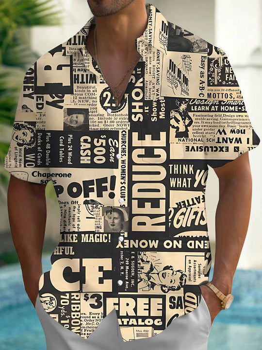 Vintage Newspaper Print Men's Pocket Short Sleeve Shirts