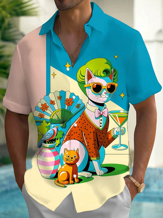 Vintage Cat Print Men's Pocket Short Sleeve Shirts