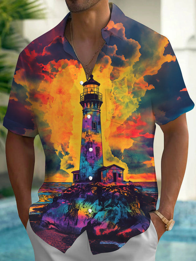 Lighthouse Print Men's Pocket Short Sleeve Shirts