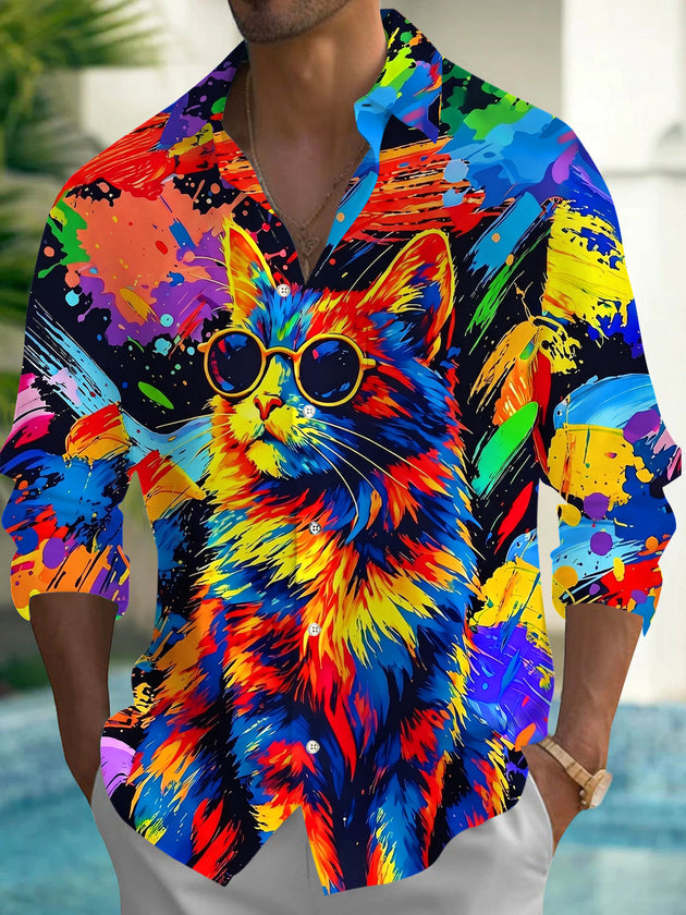 Cat Print Men's Pocket Long Sleeve Shirts