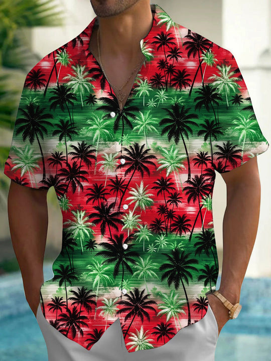 Gradient Palm Tree Print Men's Pocket Short Sleeve Shirts