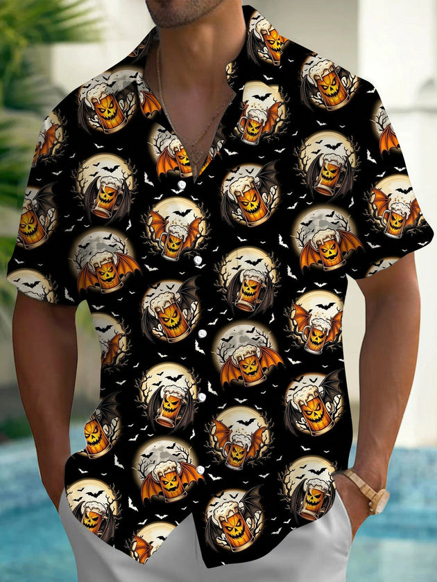 Halloween Beer Bat Print Men's Pocket Short Sleeve Shirts