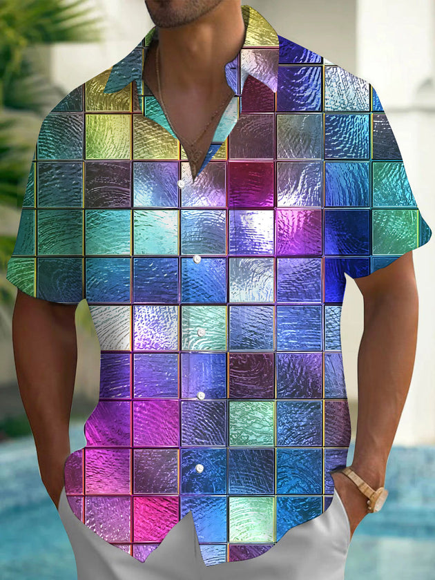 Colorful Geometric Gradient Square Print Men's Pocket Short Sleeve Shirts