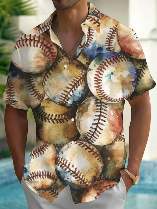 Baseball Print Men's Pocket Short Sleeve Shirts