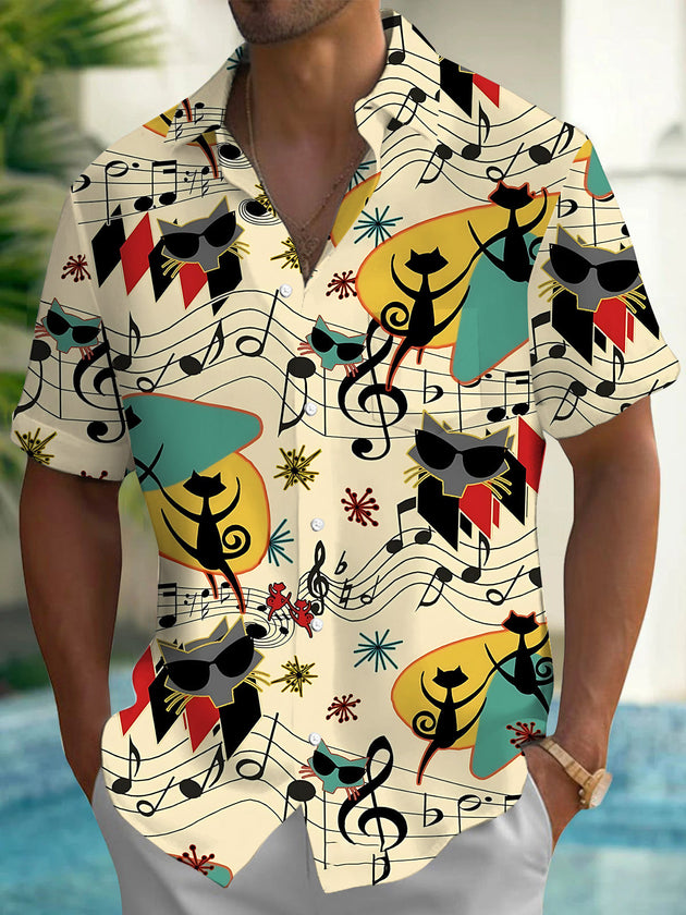 Vintage Note Cat Print Men's Pocket Short Sleeve Shirts