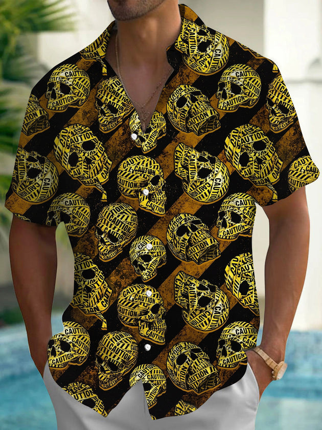 Skull Print Men's Pocket Short Sleeve Shirts
