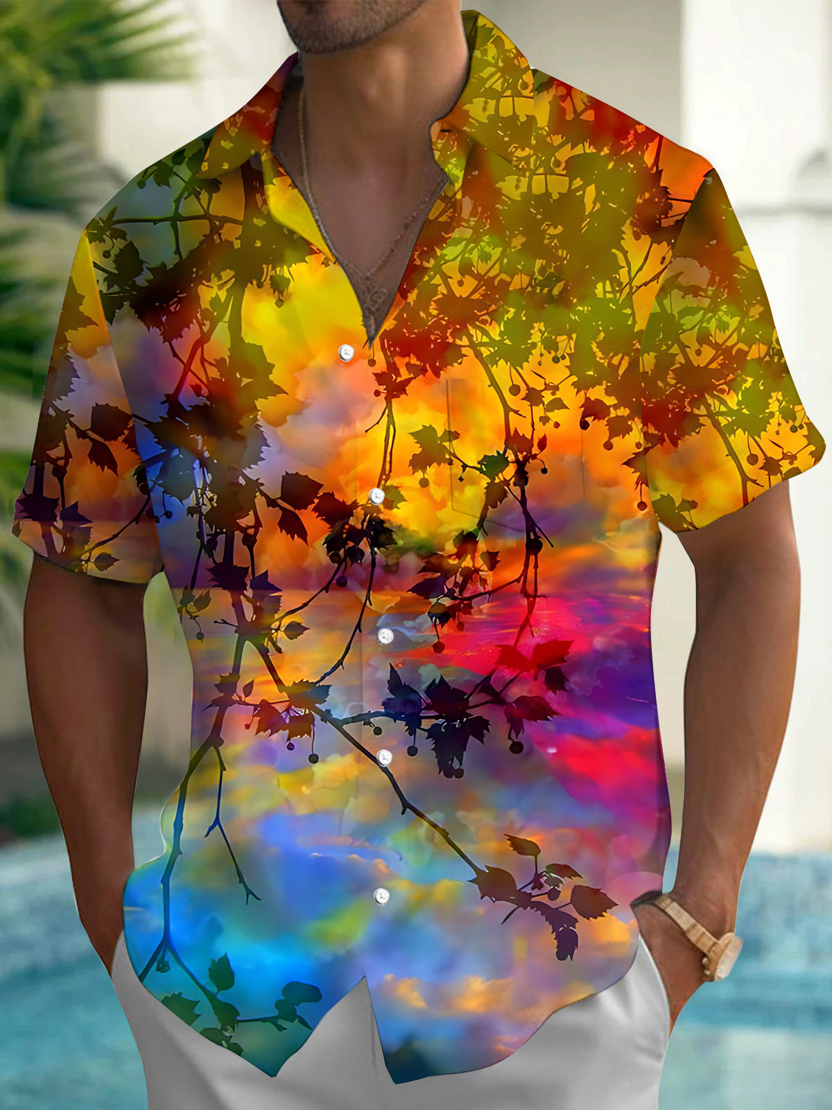 Colorful Tree Branch Print Men's Pocket Short Sleeve Shirts