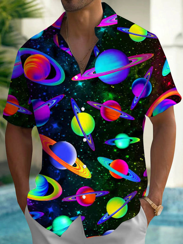 Colorful Cosmic Planet Print Men's Pocket Short Sleeve Shirts