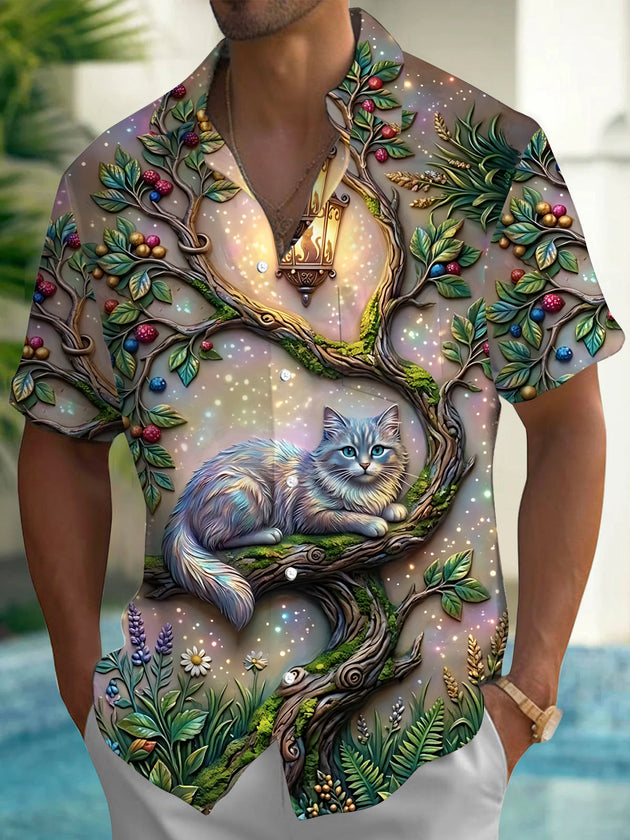 Relief Cat Tree Print Men's Pocket Short Sleeve Shirts