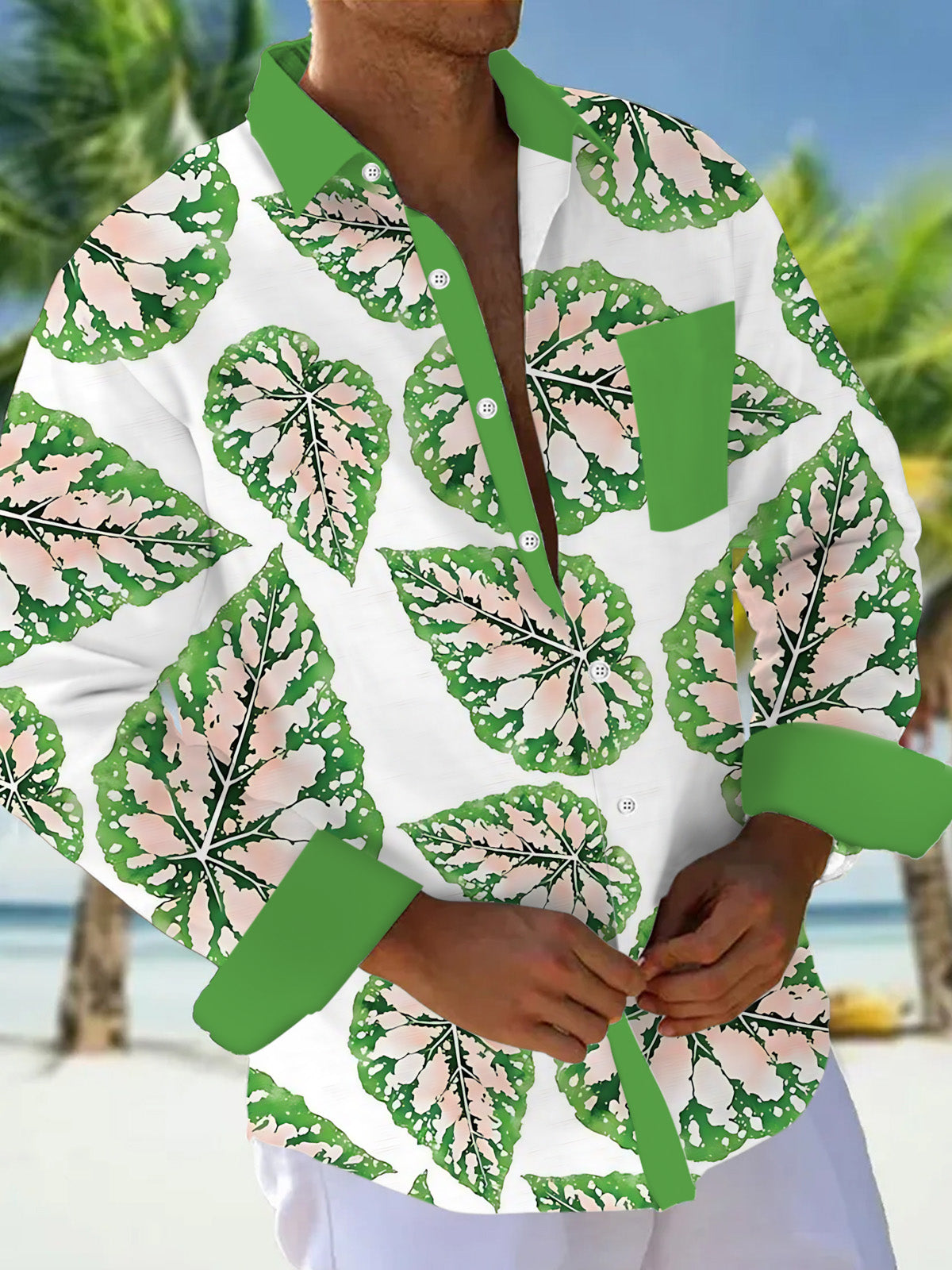 Leaf Print Men's Pocket Long Sleeve Shirts