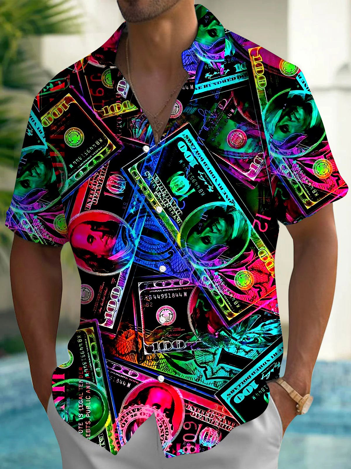 Colorful Dollar Print Men's Pocket Short Sleeve Shirts