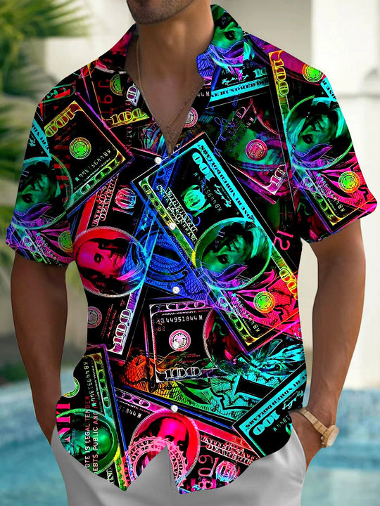 Colorful Dollar Print Men's Pocket Short Sleeve Shirts