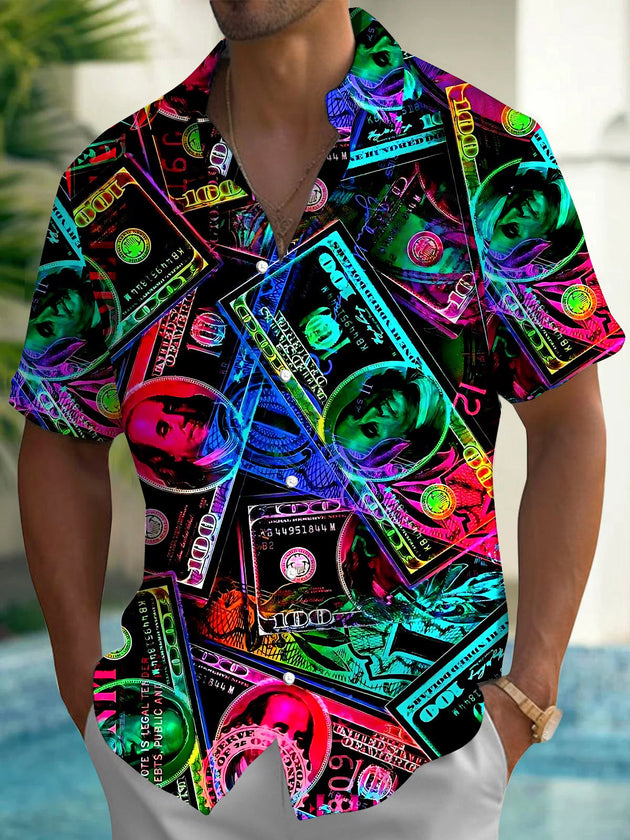 Colorful Dollar Print Men's Pocket Short Sleeve Shirts