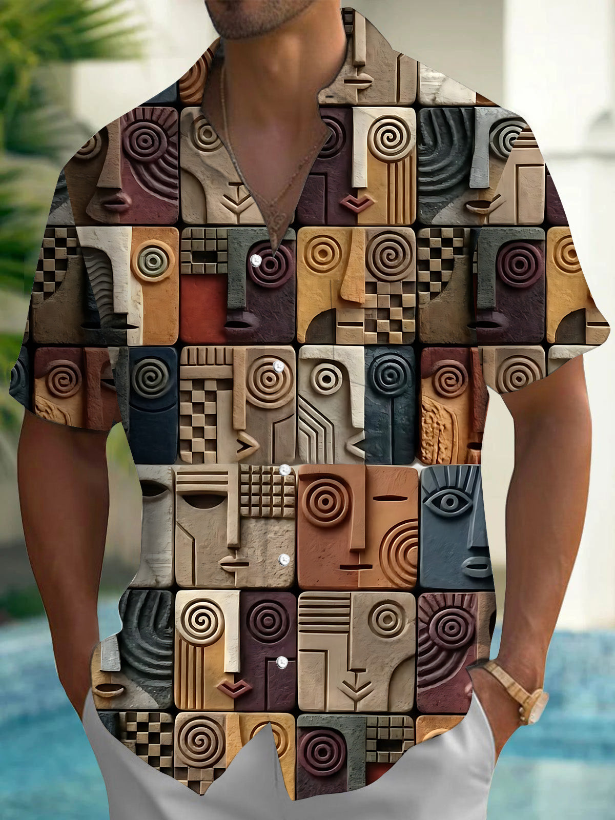 Abstract Face Art Print Men's Pocket Short Sleeve Shirts