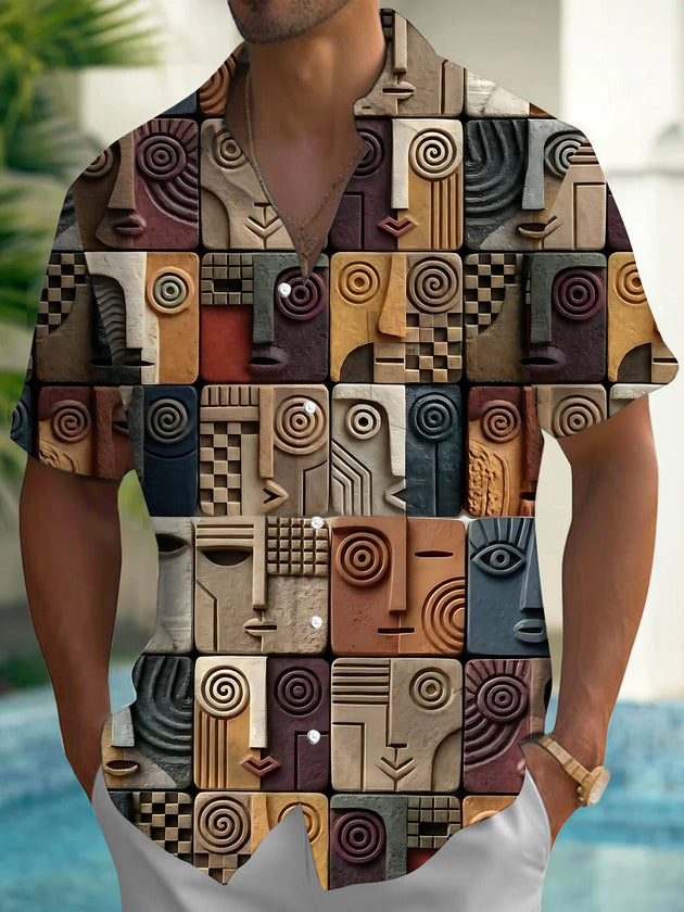 Abstract Face Art Print Men's Pocket Short Sleeve Shirts