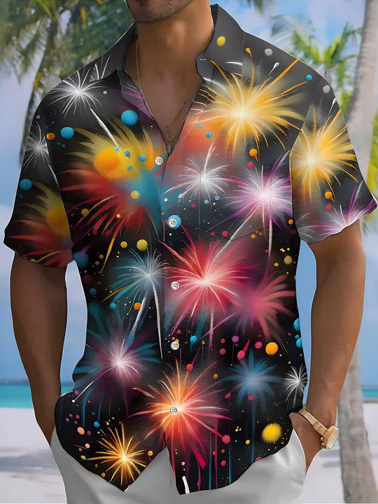 Colorful Fireworks Print Men's Pocket Short Sleeve Shirts