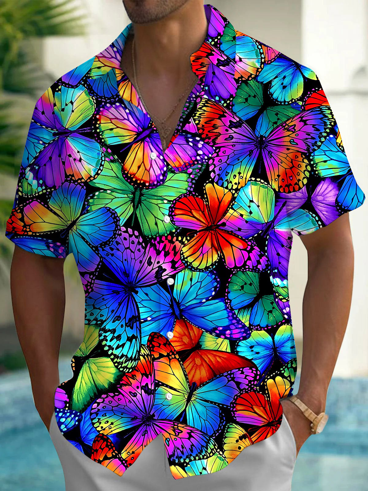 Colorful Butterfly Print Men's Pocket Short Sleeve Shirts