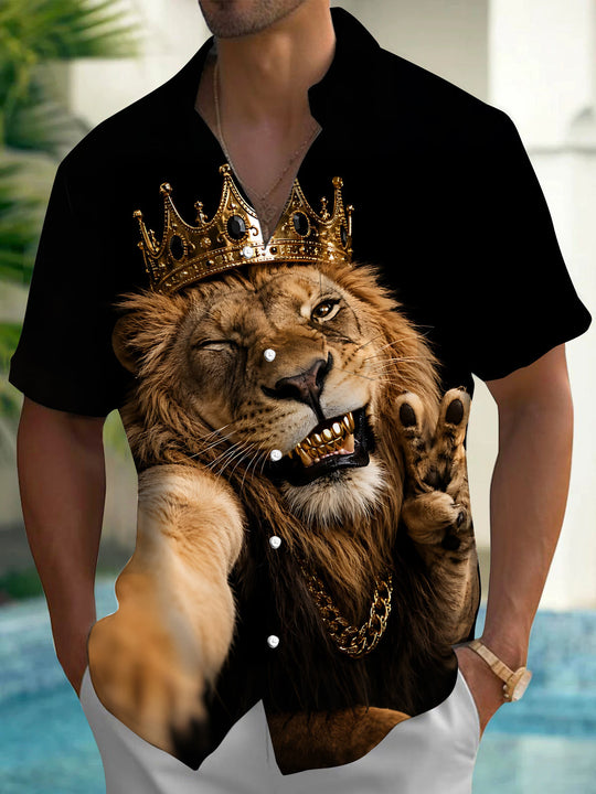 Funny Lion Print Men's Pocket Short Sleeve Shirts