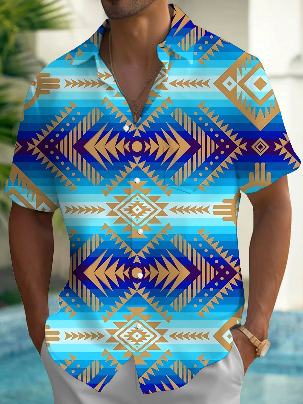 Vintage Gradient Geometric Print Men's Pocket Short Sleeve Shirts